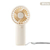 A white portable rechargeable mini handheld fan with a protective grille and a flexible wire.