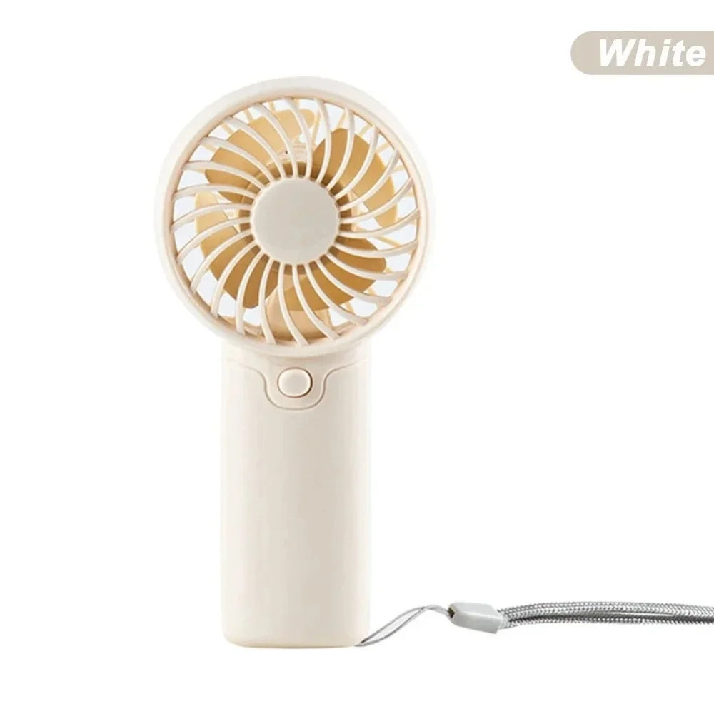 A white portable rechargeable mini handheld fan with a protective grille and a flexible wire.