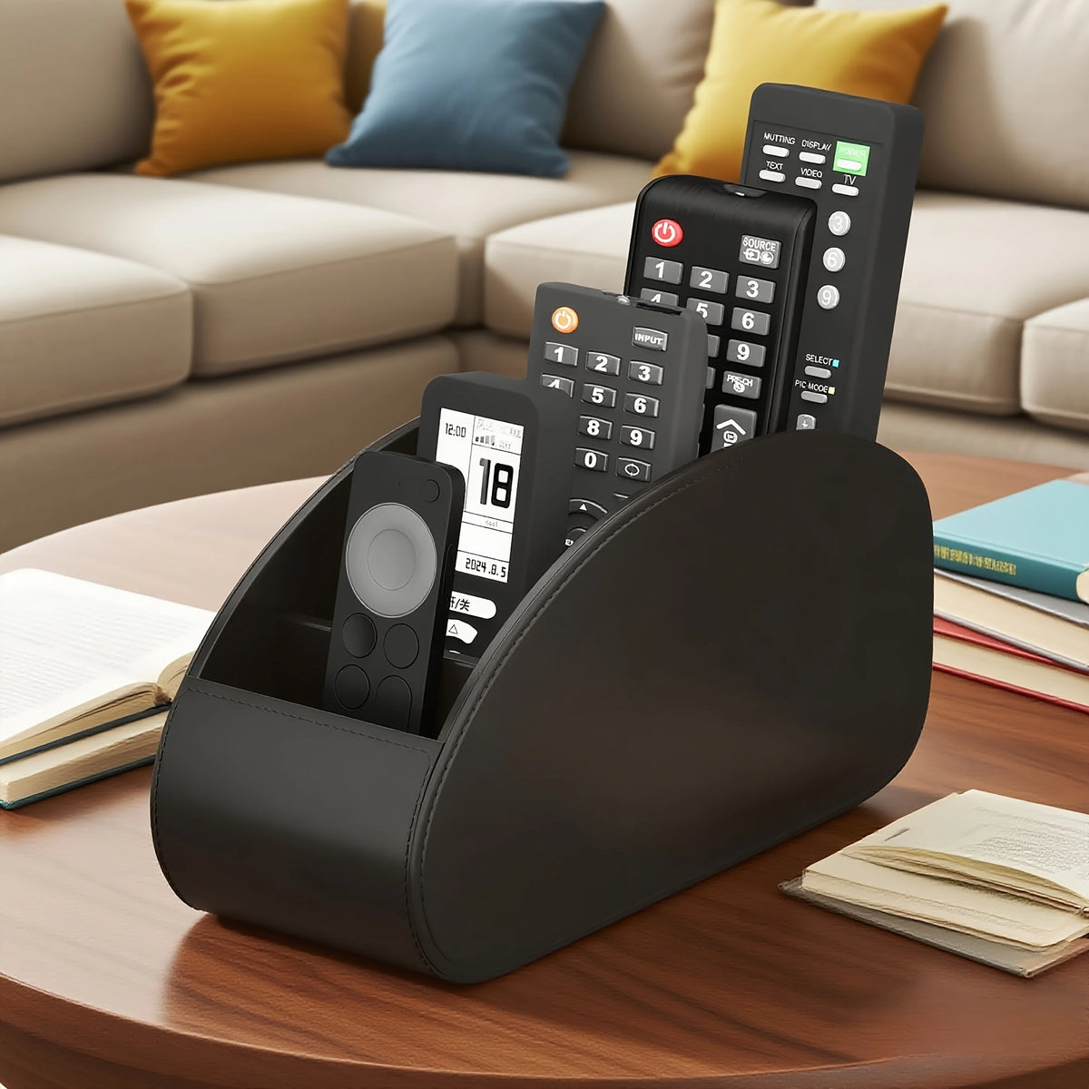 A black remote control holder and desk organizer tray filled with various electronic devices and books on a wooden table.