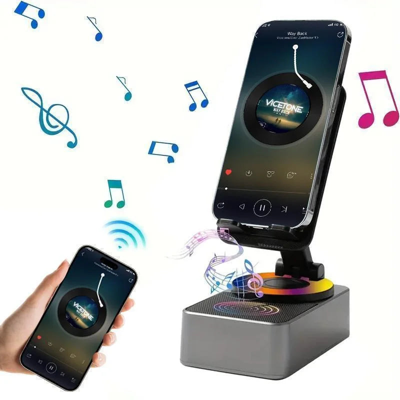 A wireless speaker with an adjustable phone stand and night light is shown next to musical notes.