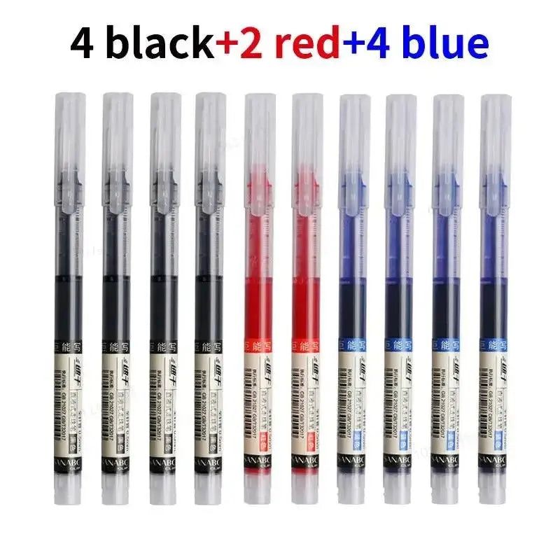 A set of 10 precision gel pens in black, red, and blue colors arranged in a row.
