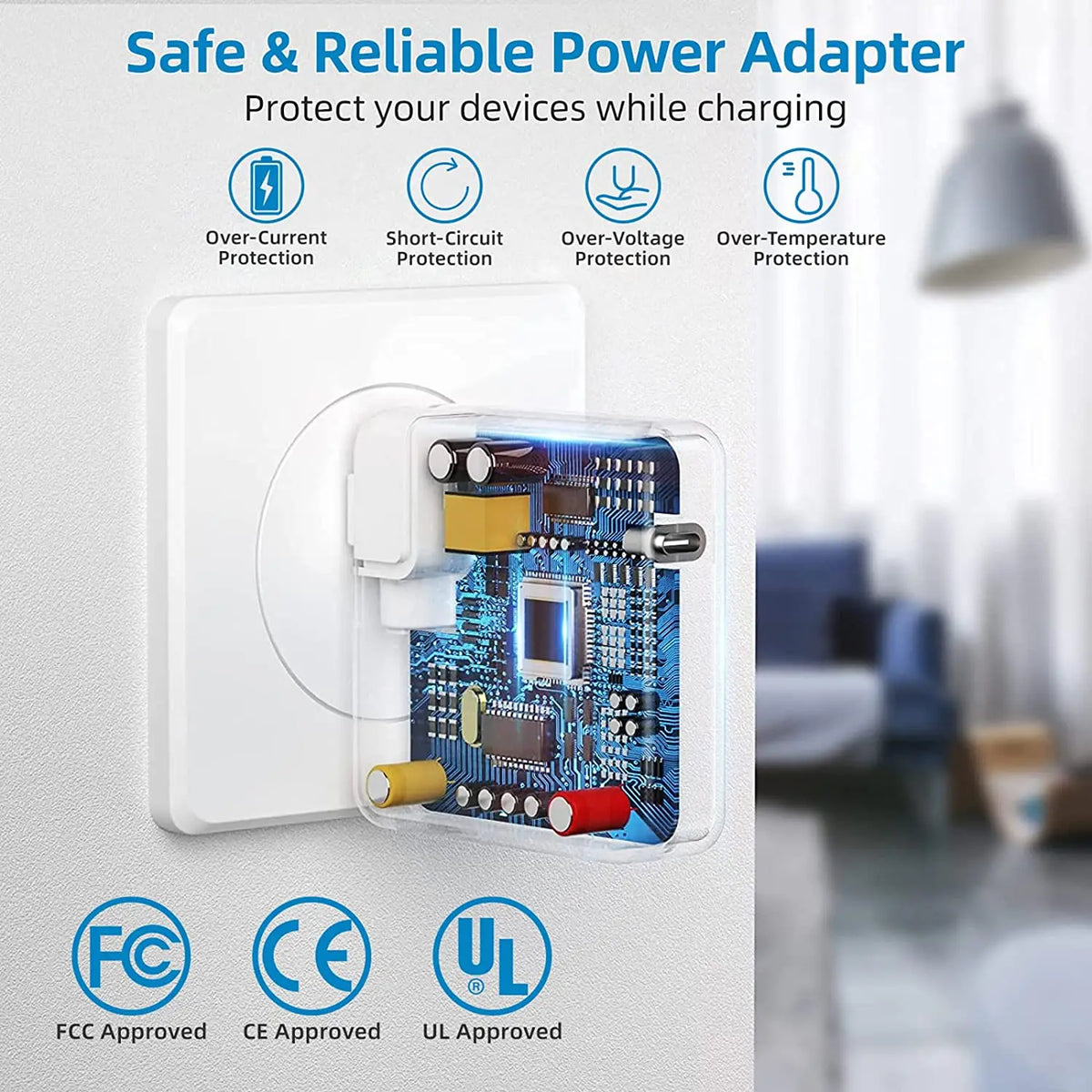 محول طاقة أبيض بمنفذ USB-C وشهادات أمان متنوعة معروضة على الواجهة.