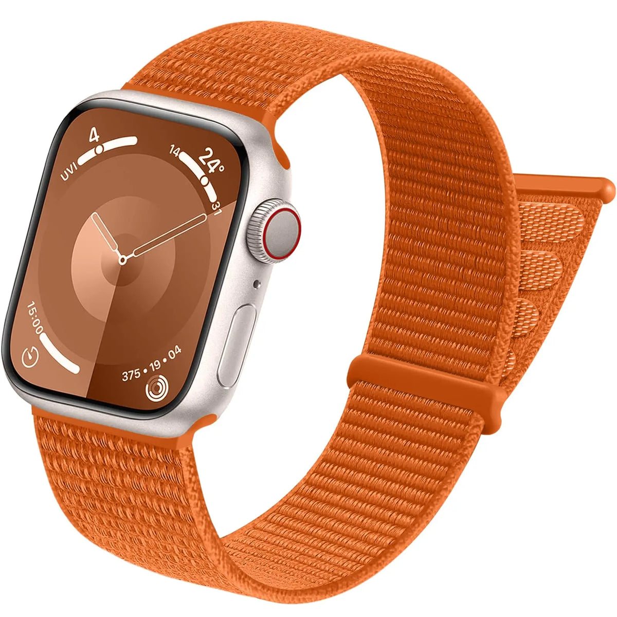 An orange Apple Watch with a matching sport hook and loop strap shown from the side.