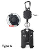 Front and back views of a black retractable badge clip for ID cards and credit cards, labeled Type A.