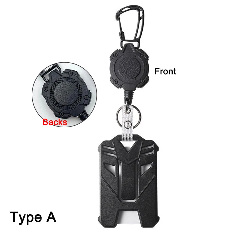 Front and back views of a black retractable badge clip for ID cards and credit cards, labeled Type A.