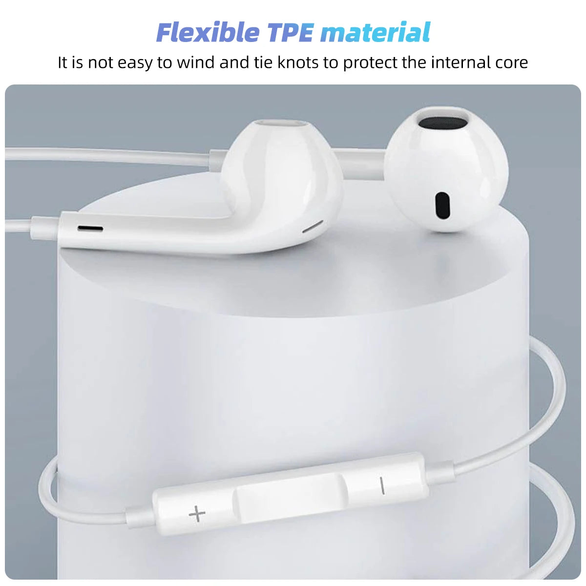 White flexible TPE earphones with microphone stored in a white cylindrical container.