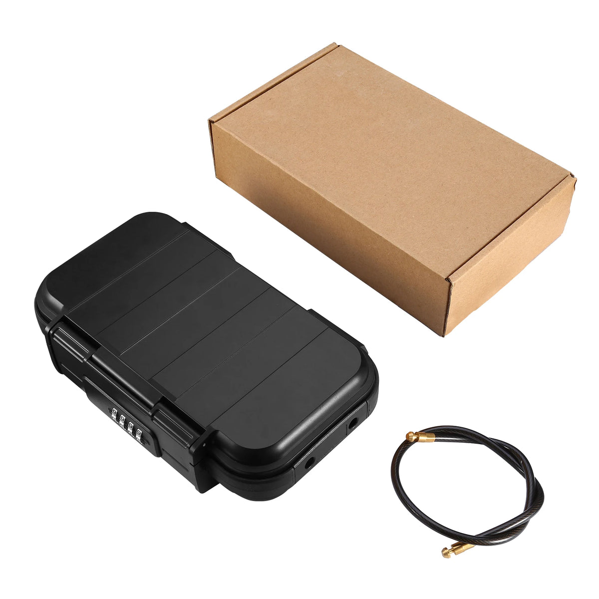 A black portable combination lock box with a lid and a coiled key cable is shown next to its cardboard packaging box.