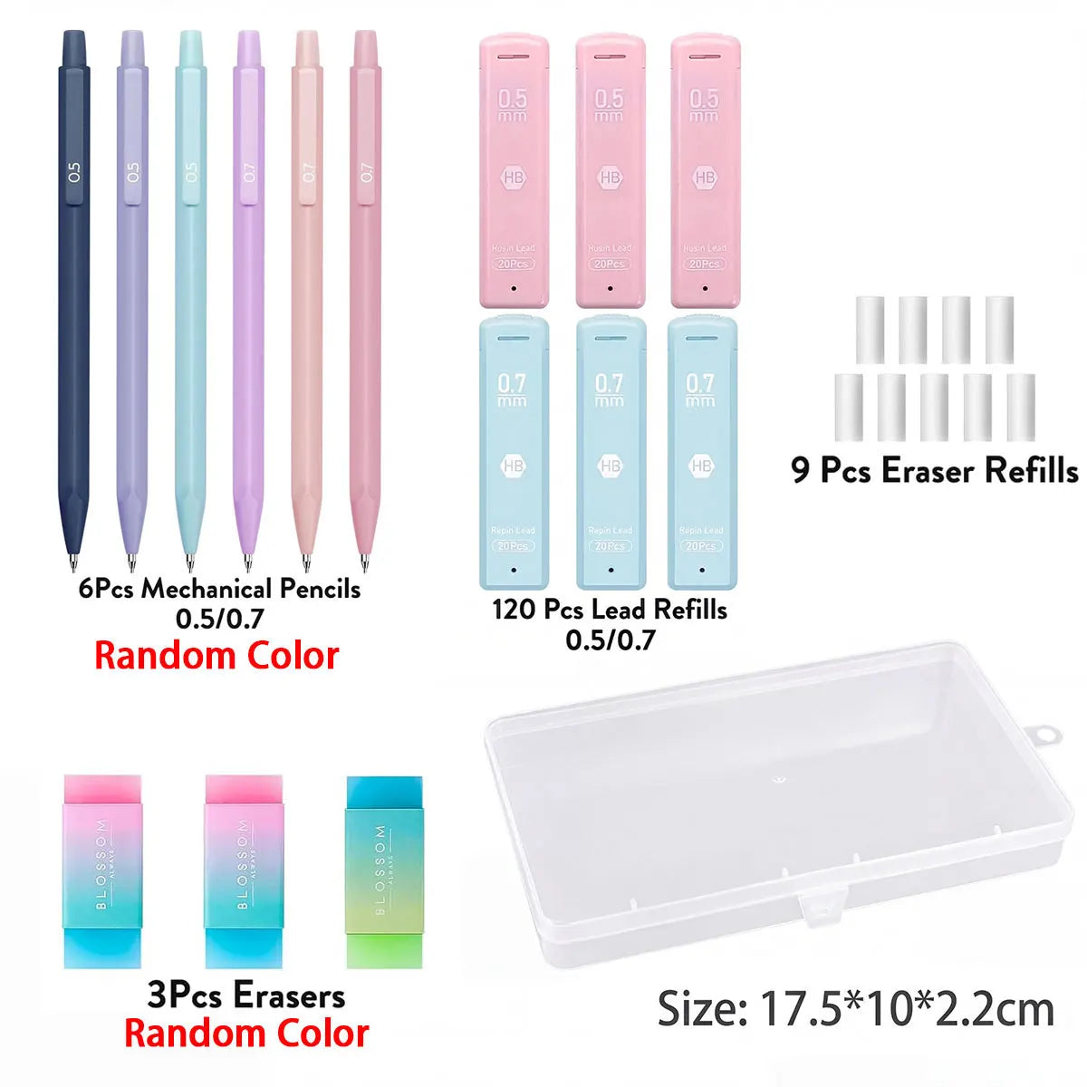 A set of mechanical pencils and eraser refills in various pastel colors and sizes packaged in a clear plastic case.