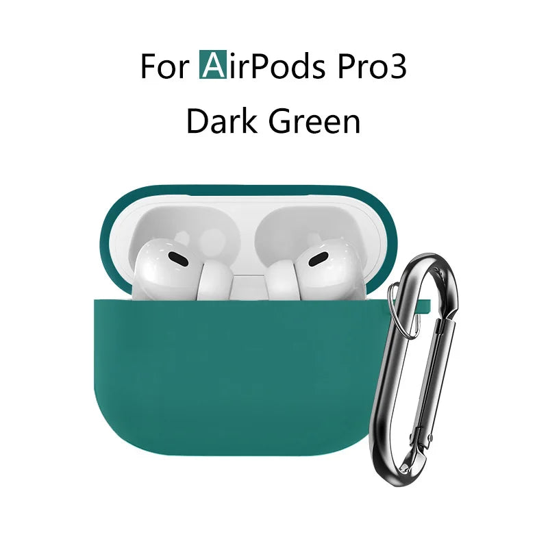 Dark green silicone protective case with keychain for AirPods Pro 3 earbuds