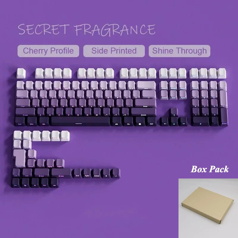 Teclado morado con teclas grises claras y caja de un producto de fragancia secreta.
