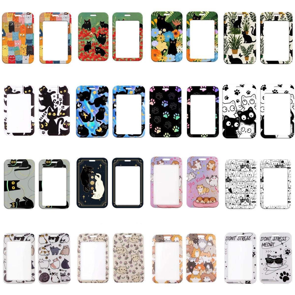 A collection of colorful cartoon cat card holders and lanyards with various designs and patterns.