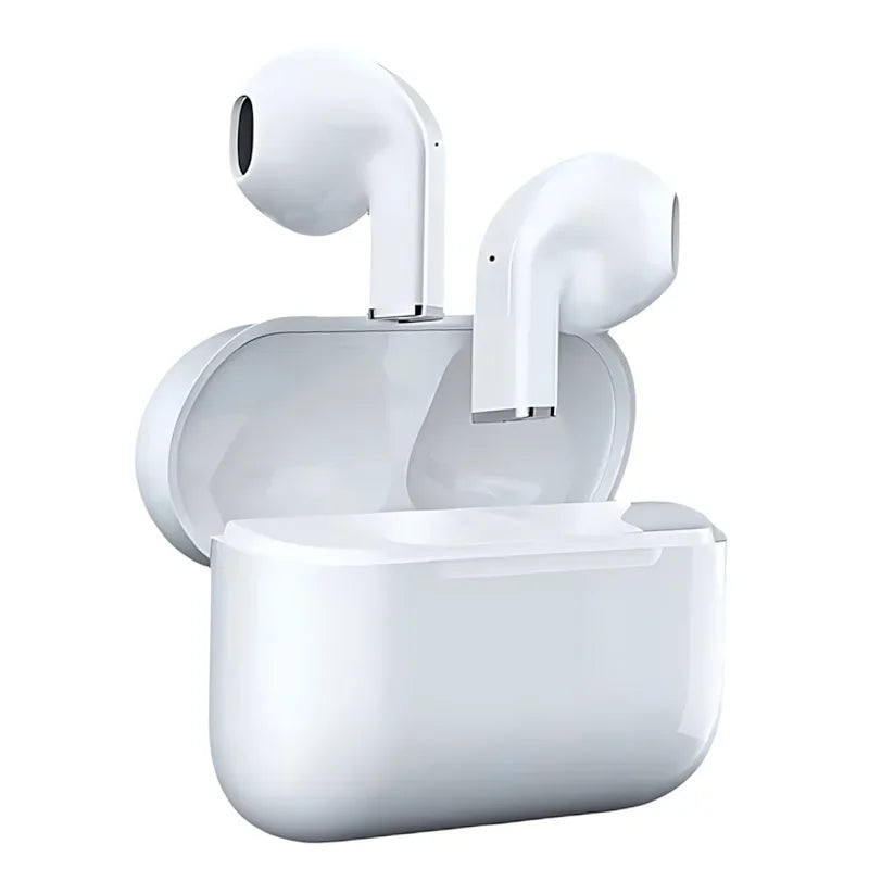 A white charging case for true wireless earbuds with a detachable earbud and charging components.