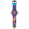 A purple and blue 3D projection anime wrist watch for kids with a black strap.