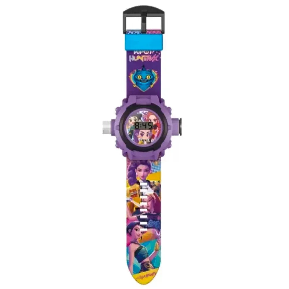 A purple and blue 3D projection anime wrist watch for kids with a black strap.