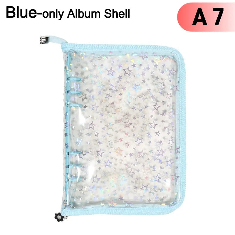 A blue-only album shell with a clear plastic zipper binder for photos and cards.
