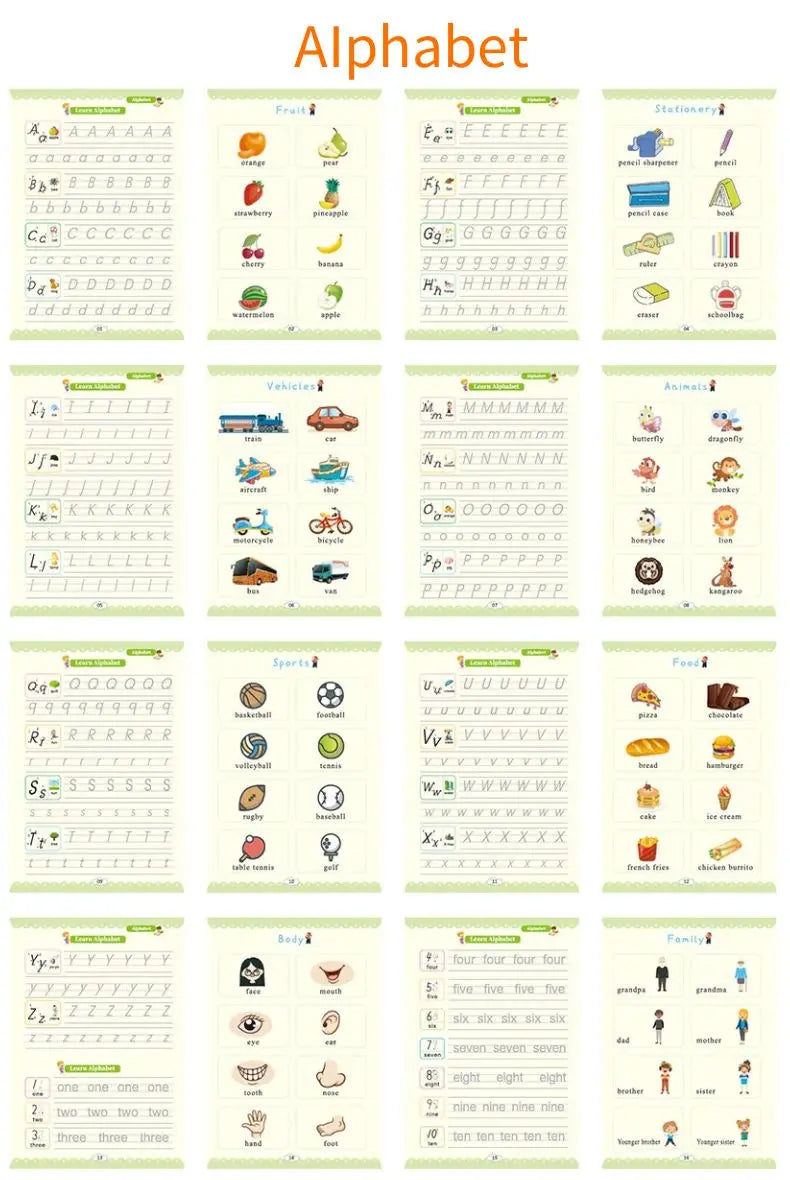 A collection of educational practice sheets for the alphabet, numbers, and handwriting skills.