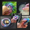 Close-up shots of a rainbow metal fidget spinner being manipulated by fingers for stress relief