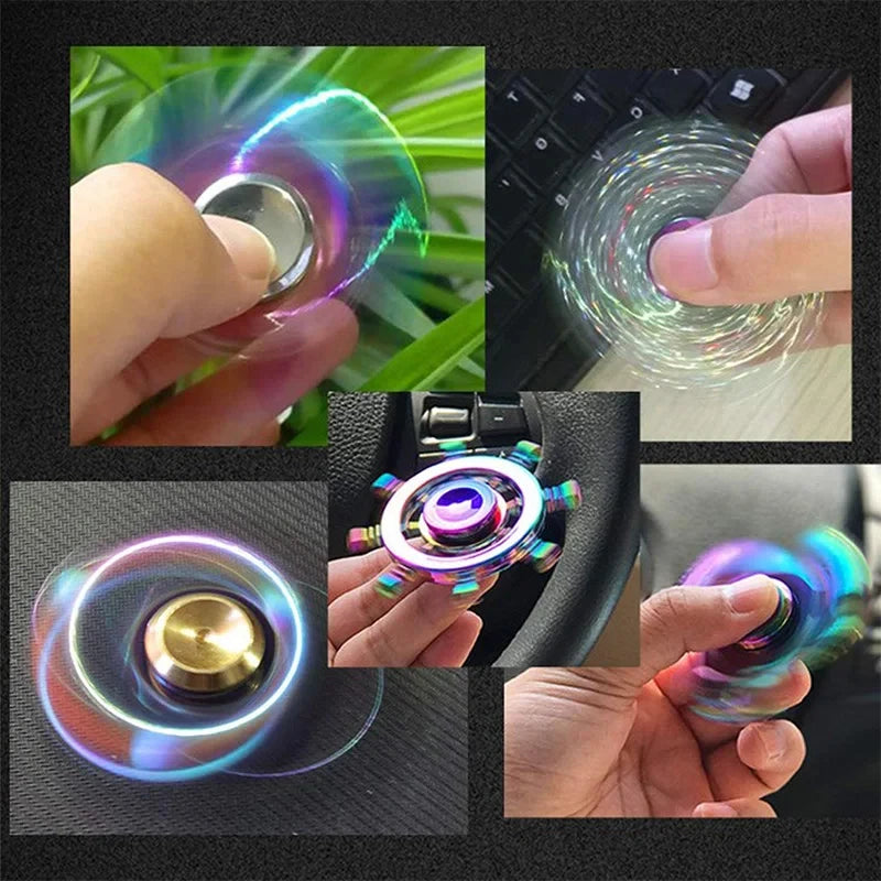 Close-up shots of a rainbow metal fidget spinner being manipulated by fingers for stress relief