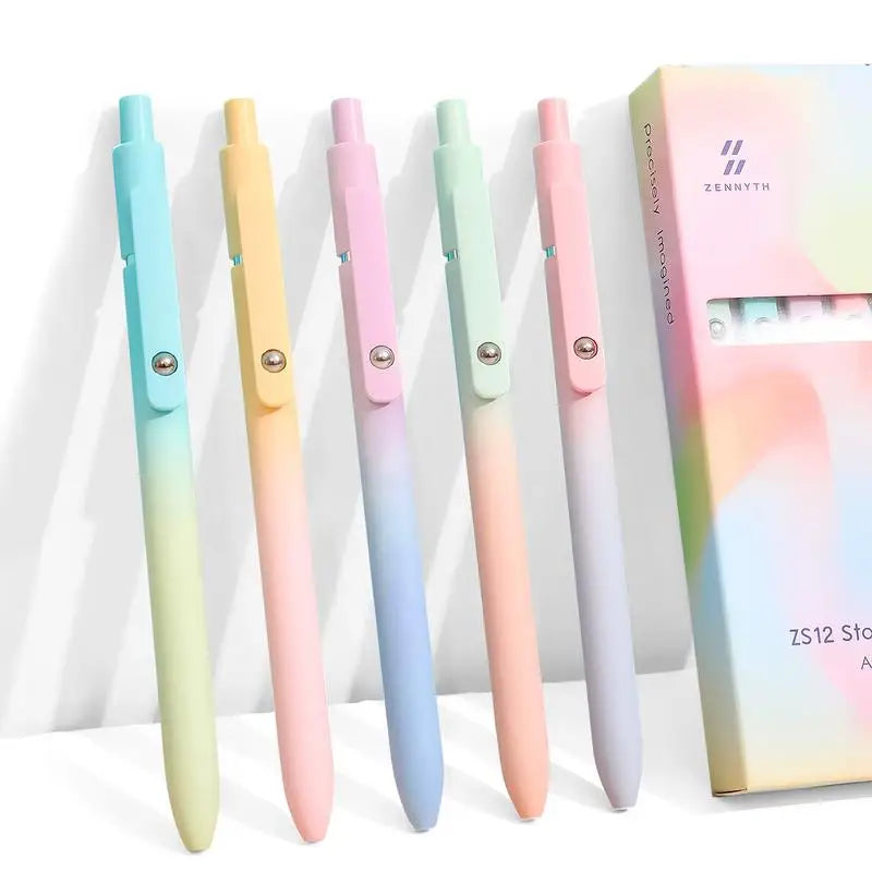 A pack of five rainbow colored press type gel pens in various shades of pink, green, and blue.