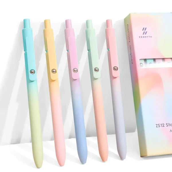 A pack of five rainbow colored press type gel pens in various shades of pink, green, and blue.