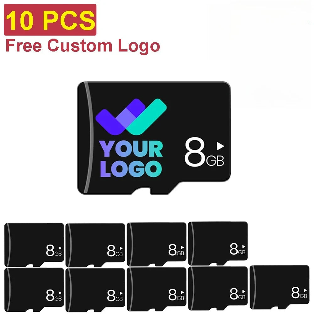 A set of ten black memory cards with custom logos, packaged for sale.