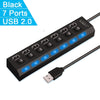 Black 7 Ports USB 2.0 hub extender with a cable shown on a white background.
