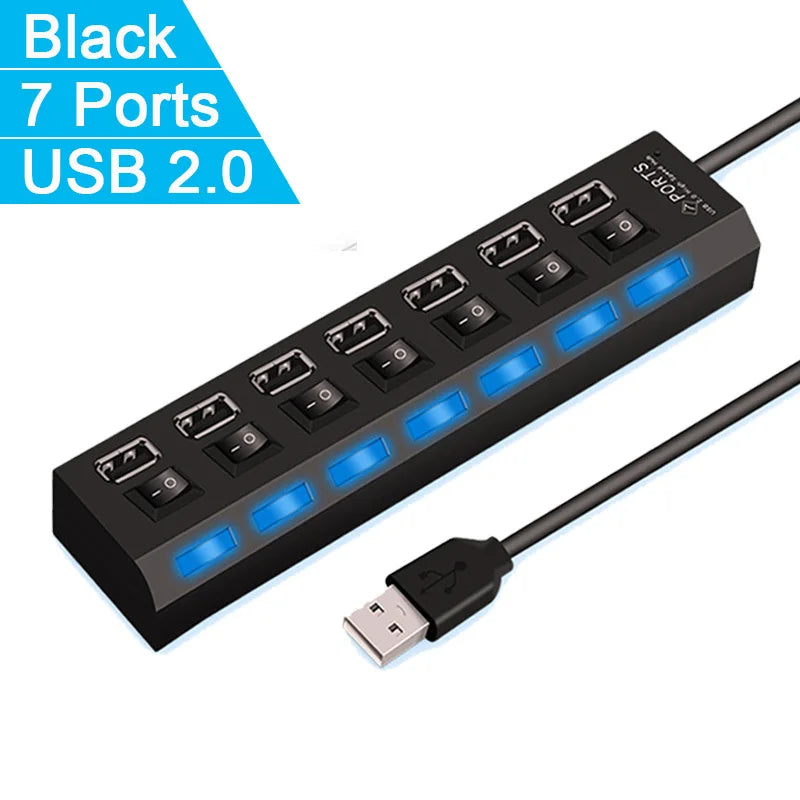 Black 7 Ports USB 2.0 hub extender with a cable shown on a white background.