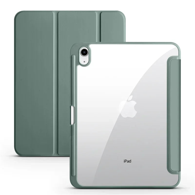A silver iPad is shown with a matching green protective case and a separate green cover.