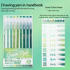 A set of green drawing pens in a handbook featuring various shades and tips for coloring, painting, and learning marking.