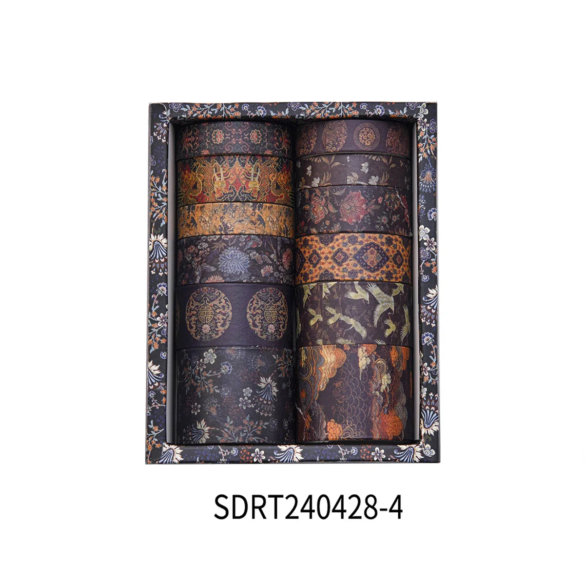 A set of vintage floral washi tape rolls displayed in a dark wooden frame.