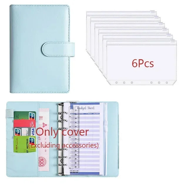 Planificador de cuero PU azul claro para presupuesto, con cubierta y varias hojas de papel.