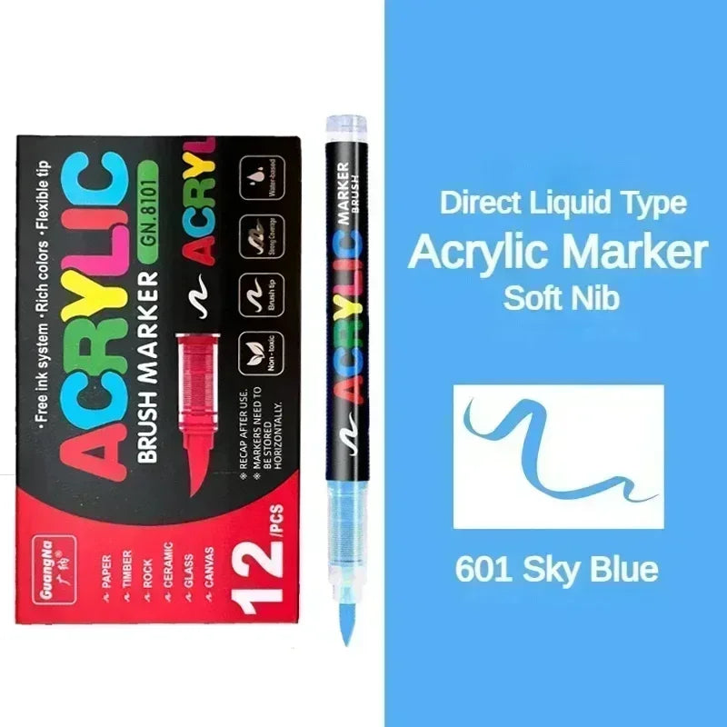 A set of 12 Direct Liquid Type Acrylic Markers in Sky Blue color with soft nibs and brush tips