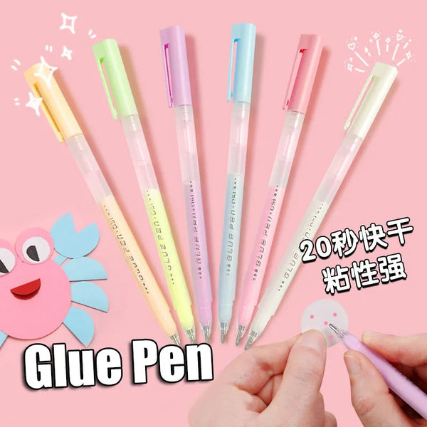 A collection of colorful glue pens in various shades including yellow, pink, and blue, shown being held by a hand.