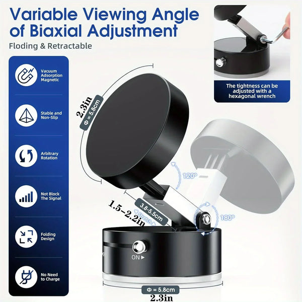 A black magnetic phone holder with a variable viewing angle adjustment mechanism.