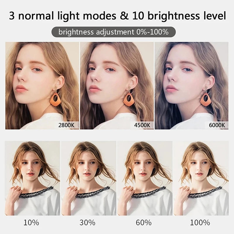 A display showing three normal light modes and ten brightness levels of a selfie ring light.