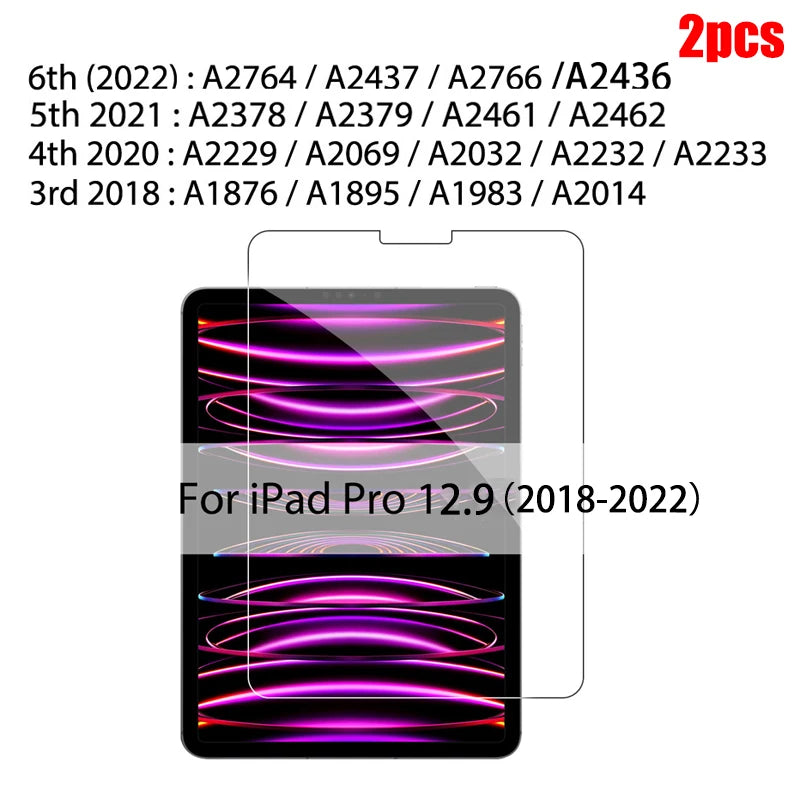 A set of tempered glass screen protectors for iPad Pro 12.9 models from 2018 to 2022