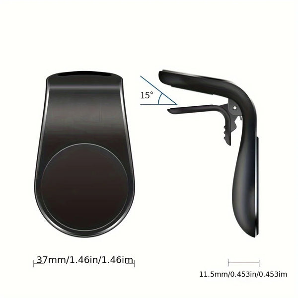 A black magnetic car air vent phone mount shown in two views, including dimensions.