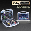 A set of 12 dual tip glitter ink markers in an acrylic case with a flash marker label