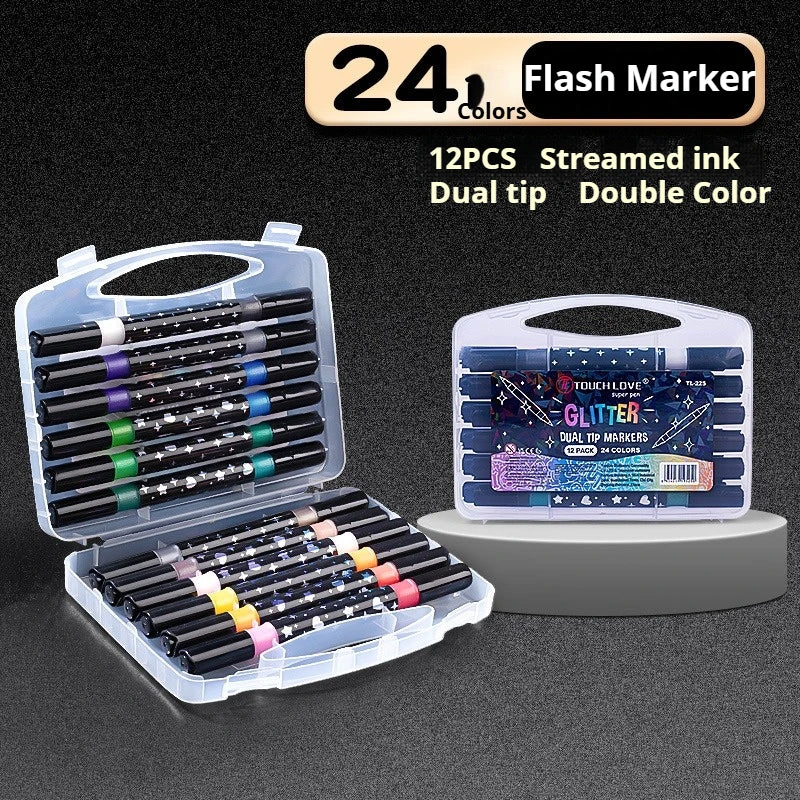 A set of 12 dual tip glitter ink markers in an acrylic case with a flash marker label