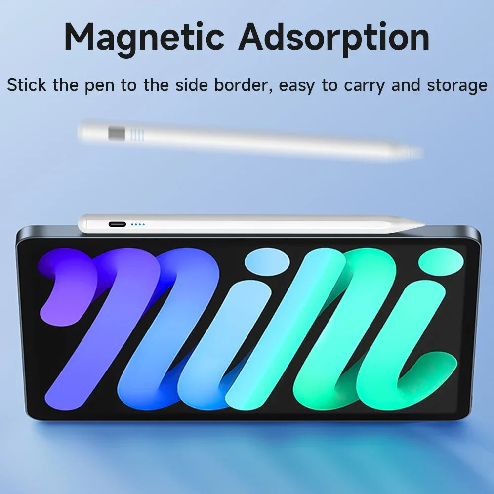 A black stylus pen with a white tip is shown next to a purple and green logo on a light blue background.