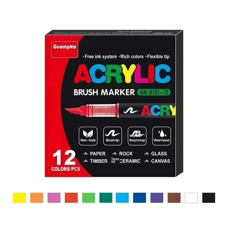A box of acrylic brush markers featuring 12 colors and a brush tip for art and crafting.