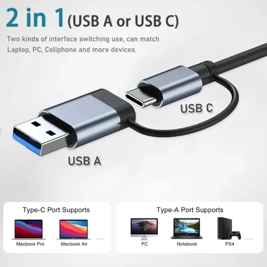 A silver USB-C hub with interchangeable ports for connecting various devices like laptops and phones.