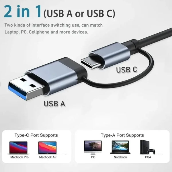 A silver USB-C hub with interchangeable ports for connecting various devices like laptops and phones.