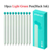 A box containing 10 light green pens with black ink and a smooth gel pen tip.