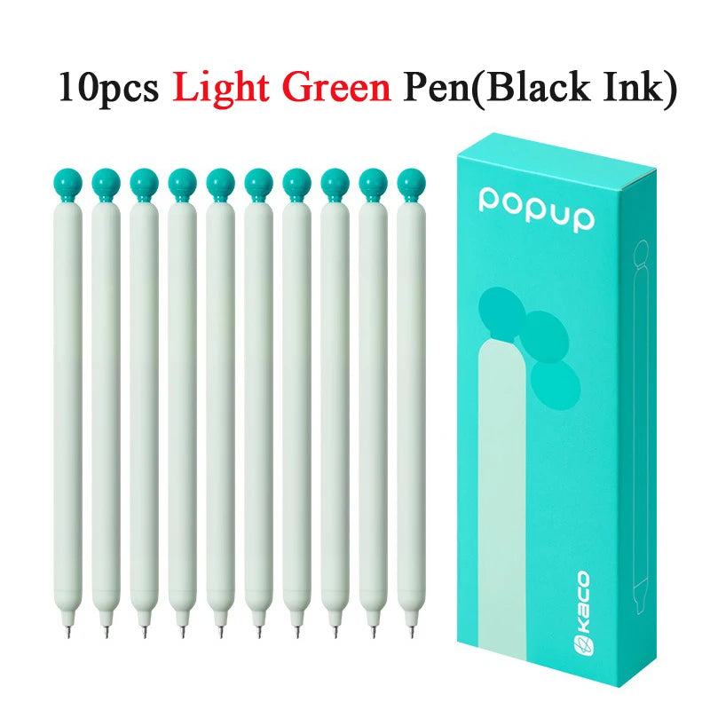 A box containing 10 light green pens with black ink and a smooth gel pen tip.