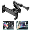 Black flexible car headrest mount designed to securely hold tablets and phones.