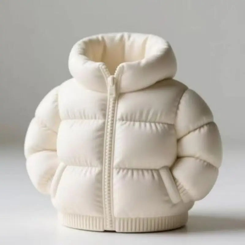 A cream-colored puffer jacket with a stand collar and quilted texture.