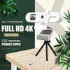 Webcam 4K HD autofocus blanche montée sur trépied, sur fond de plante verte floutée.