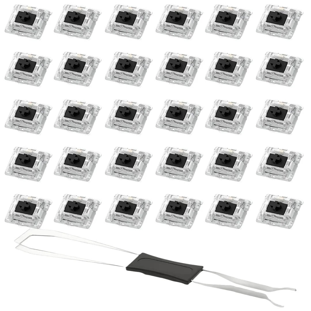 A set of adjustable mechanical keyboard switches and keycap pullers shown in various orientations.