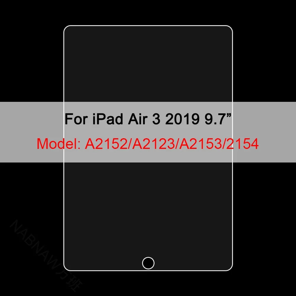 A screen protector for an iPad Air 3 2019 9.7 inch model with model numbers A2152/A2123/A2153/2154